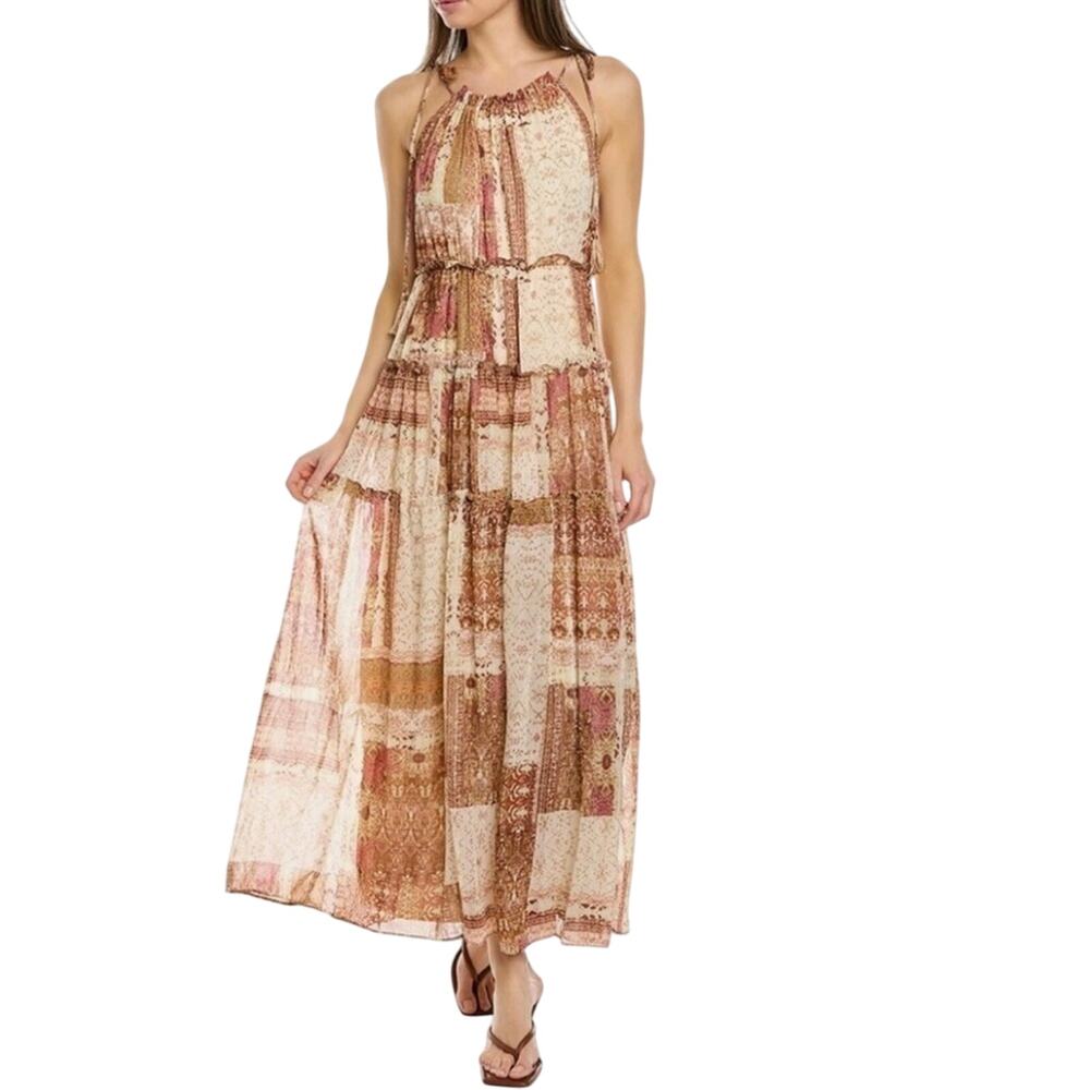 TAYLOR Boho Patchwork Printed Cottagecore Maxi Halter Dress Size 8